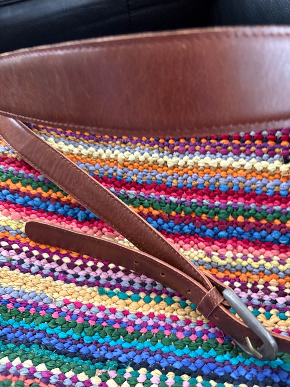 Large Jute And Cotton Multicolor Crochet Shoulder Bag with Brown Leather Trim - Picture 11 of 14